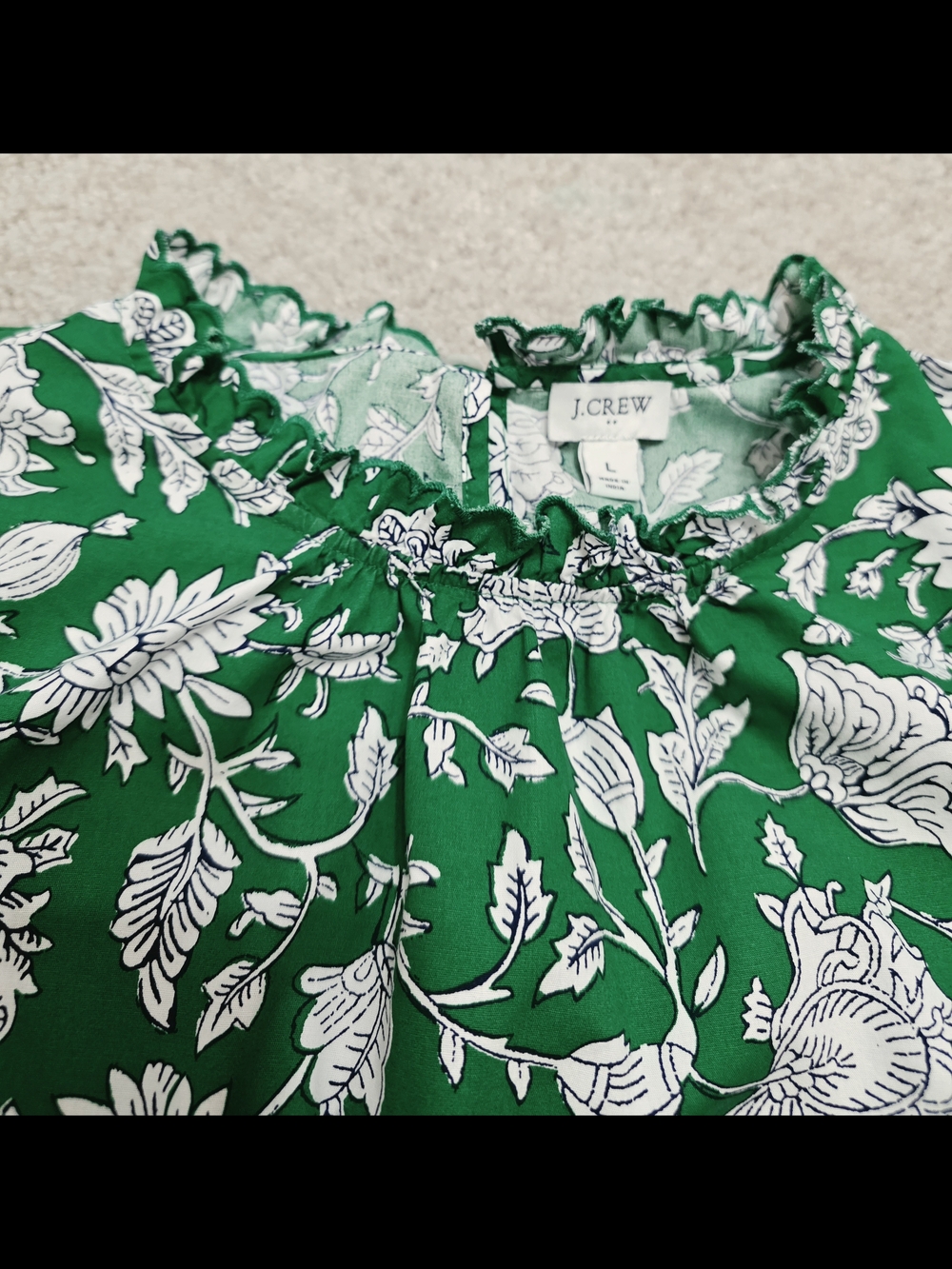 J.Crew Green Floral Sleeveless Ruffle Neck Top Size L 100% Cotton - Picture 5 of 12